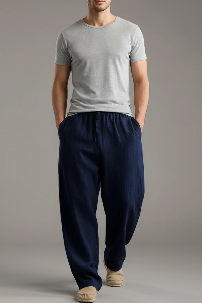 Pantalon Baggy Bleu Marine Ample Lin Cordon Homme