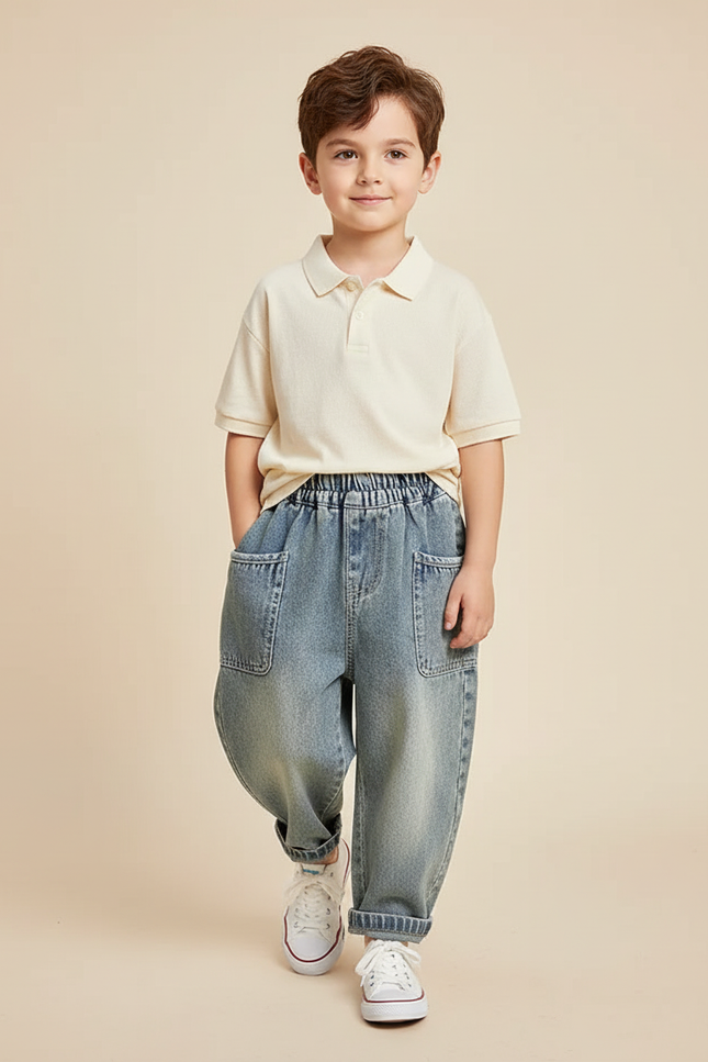 Pantalon Baggy Jean Bleu Ample Poches Latérales Garçon
