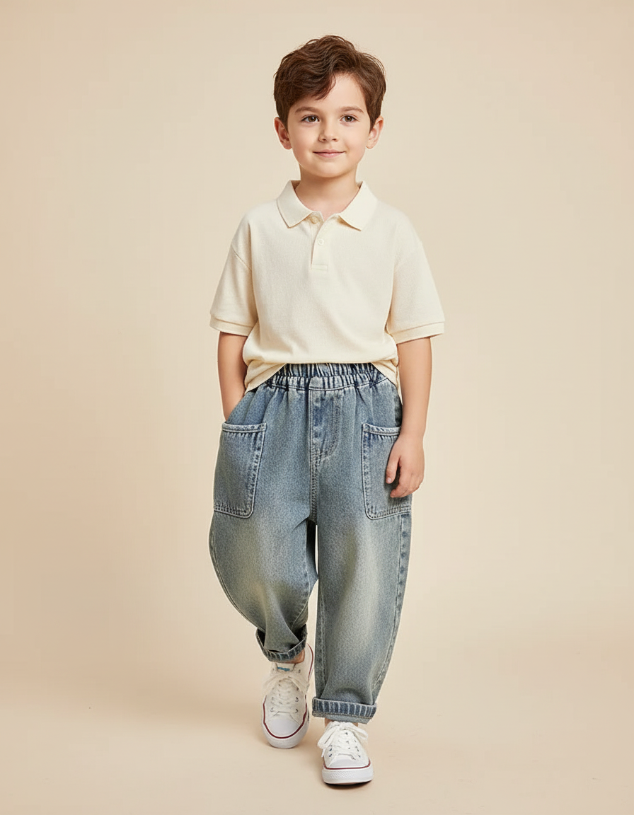 Pantalon Baggy Jean Bleu Ample Poches Latérales Garçon
