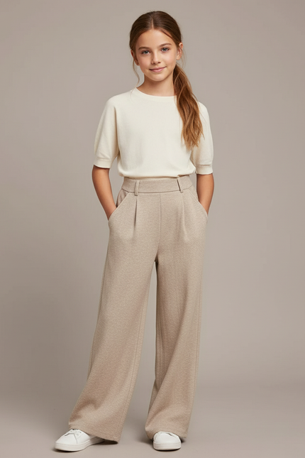 Pantalon Baggy Beige Ample Fluide Élégant Fille - Maille