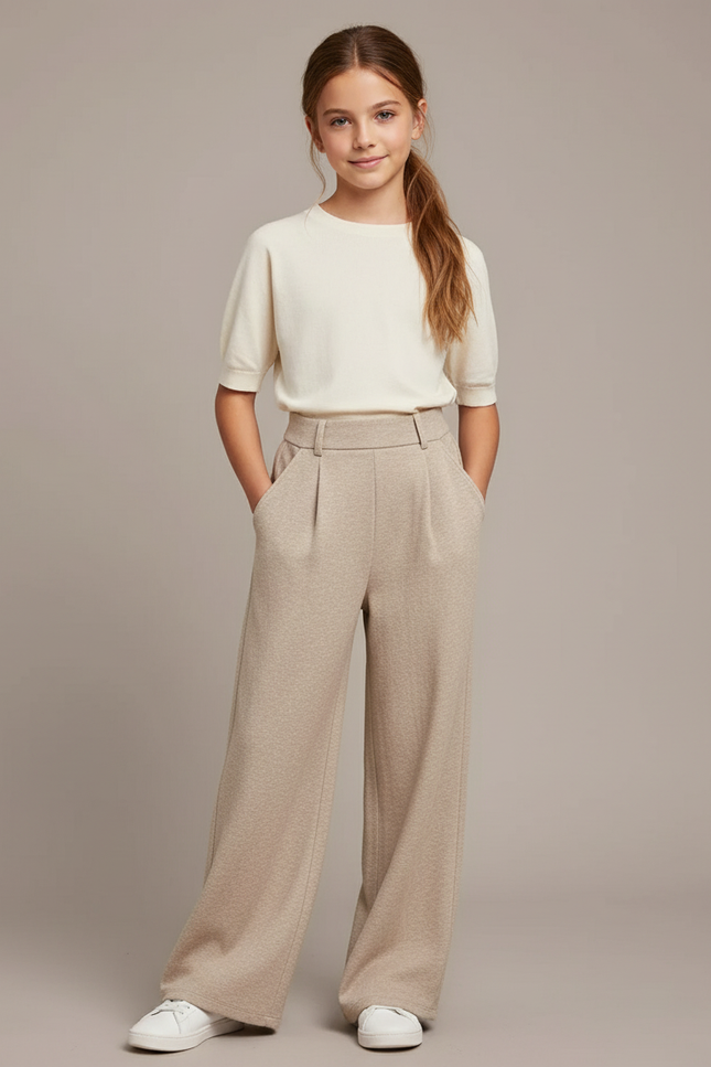 Pantalon Baggy Beige Ample Fluide Élégant Fille - Maille