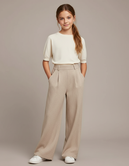 Pantalon Baggy Beige Ample Fluide Élégant Fille - Maille