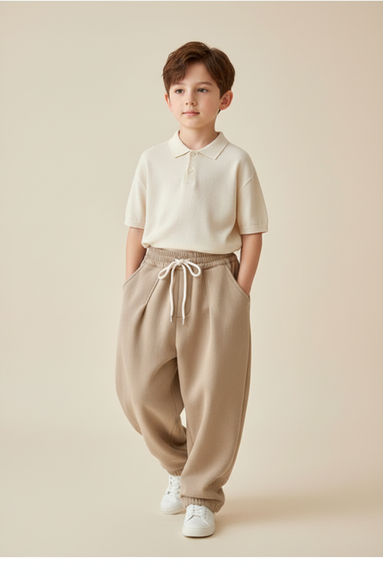 Pantalon Baggy Beige Coton Molletonné Ample Enfant