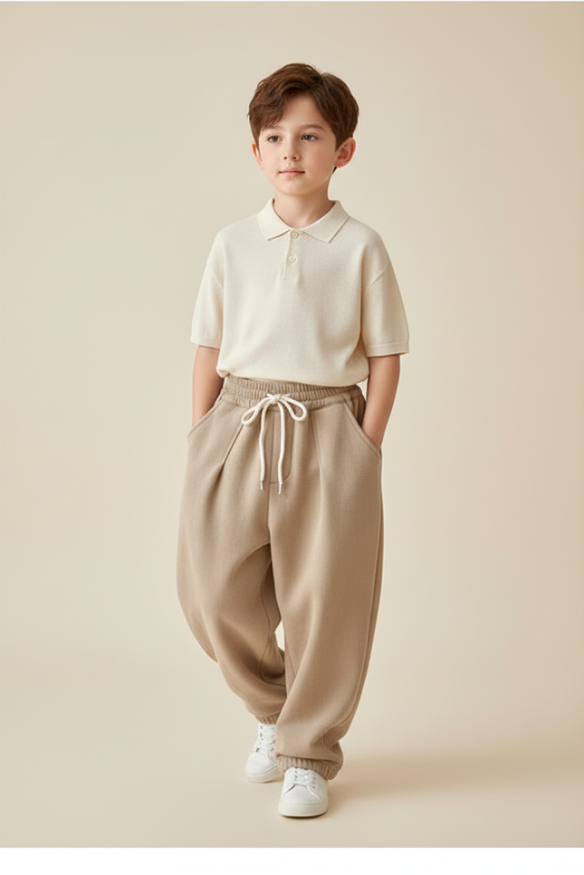Pantalon Baggy Beige Coton Molletonné Ample Enfant