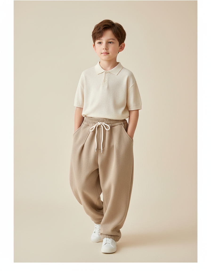 Pantalon Baggy Beige Coton Molletonné Ample Enfant