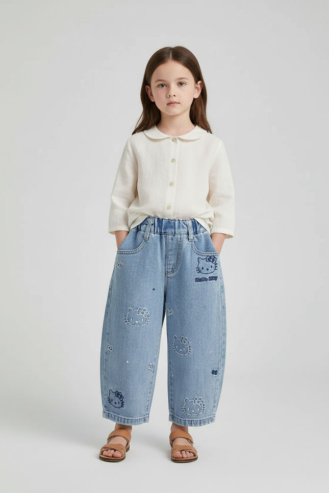 Pantalon Baggy Denim Hello Kitty Ample Décontracté Enfant - Bleu Jean