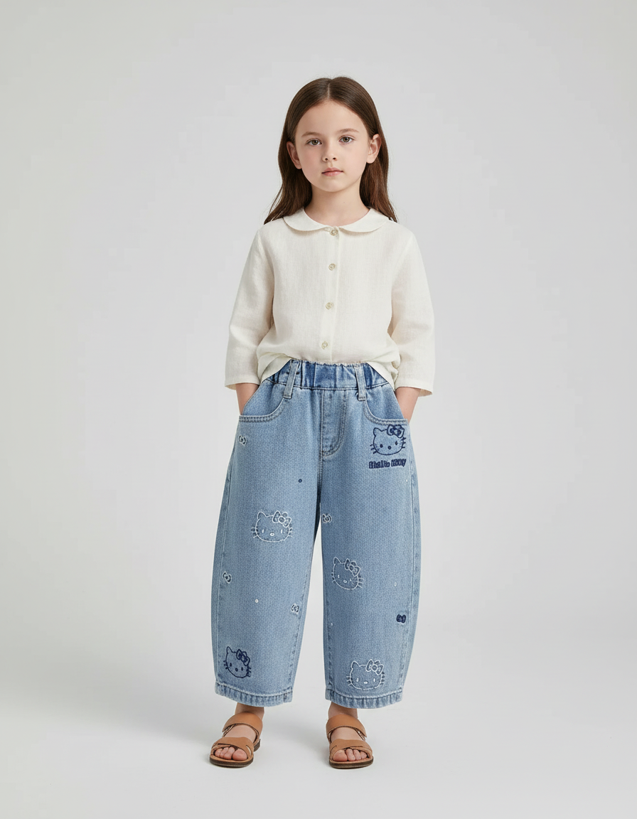 Pantalon Baggy Denim Hello Kitty Ample Décontracté Enfant - Bleu Jean