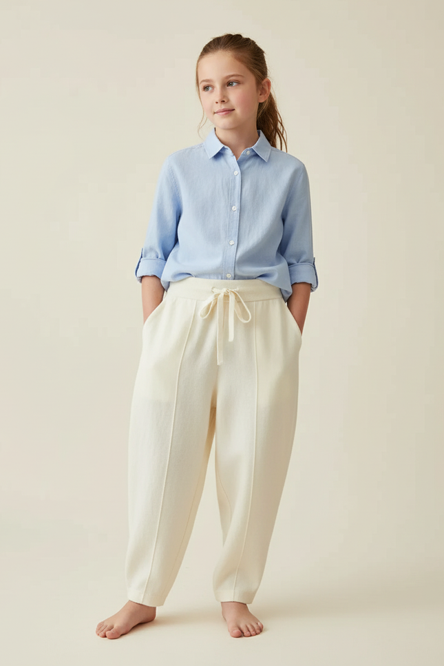 Pantalon Baggy Crème Ample Coton Décontracté Fille - Beige Molleton