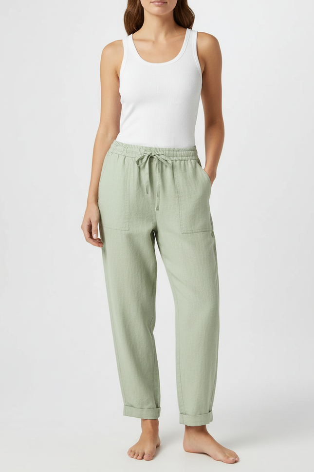 Pantalon Baggy Lin Vert Cordon Ample Décontracté Femme