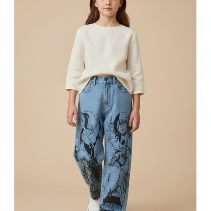 Pantalon Baggy Jean Clair Imprimé Anime Ample Unisexe - Bleu