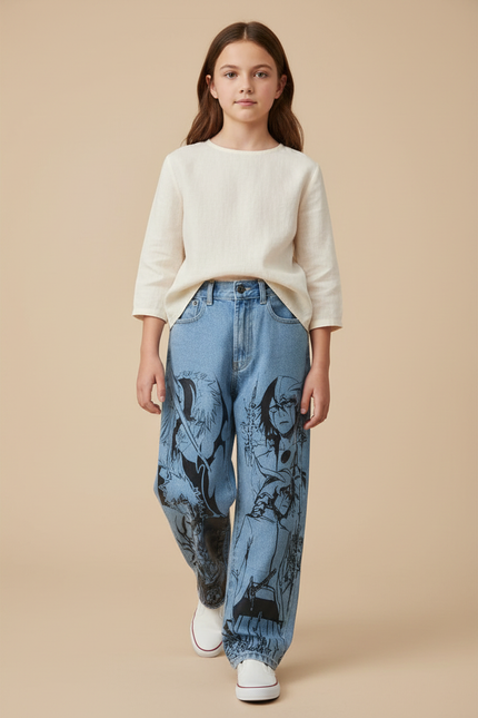 Pantalon Baggy Jean Clair Imprimé Anime Ample Unisexe - Bleu