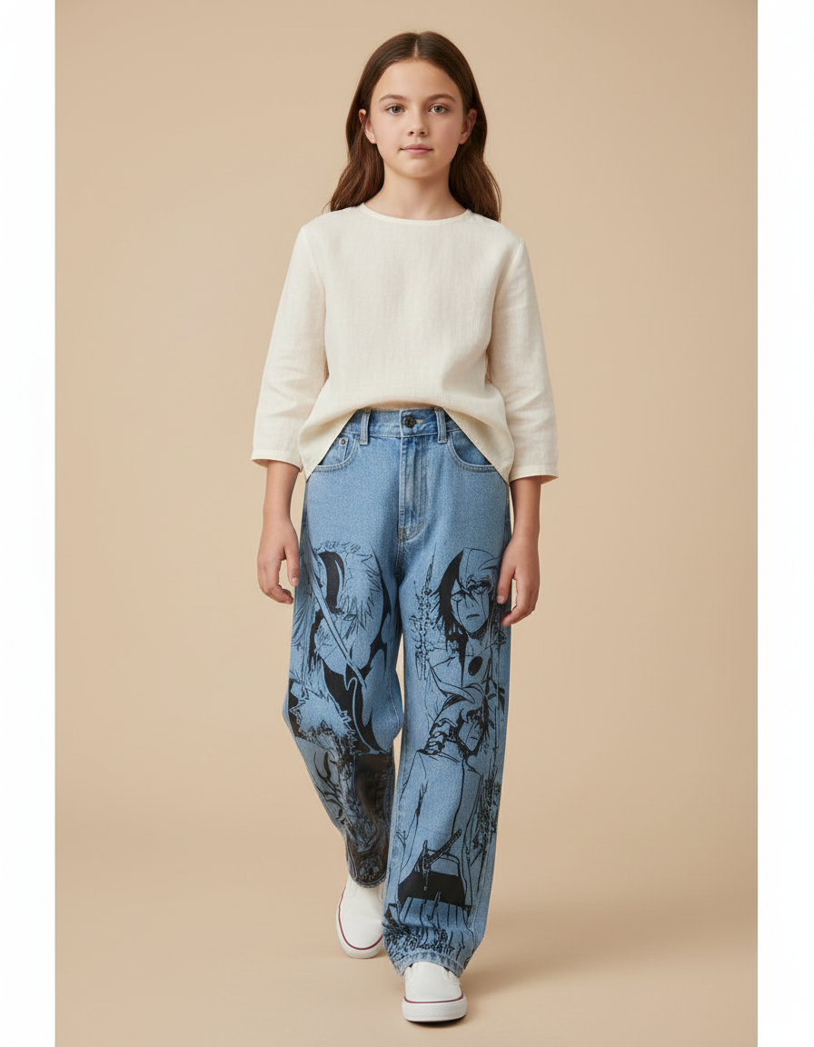 Pantalon Baggy Jean Clair Imprimé Anime Ample Unisexe - Bleu