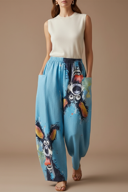 Pantalon Baggy Bleu Imprimé Chien Ample Confortable Femme - Toile