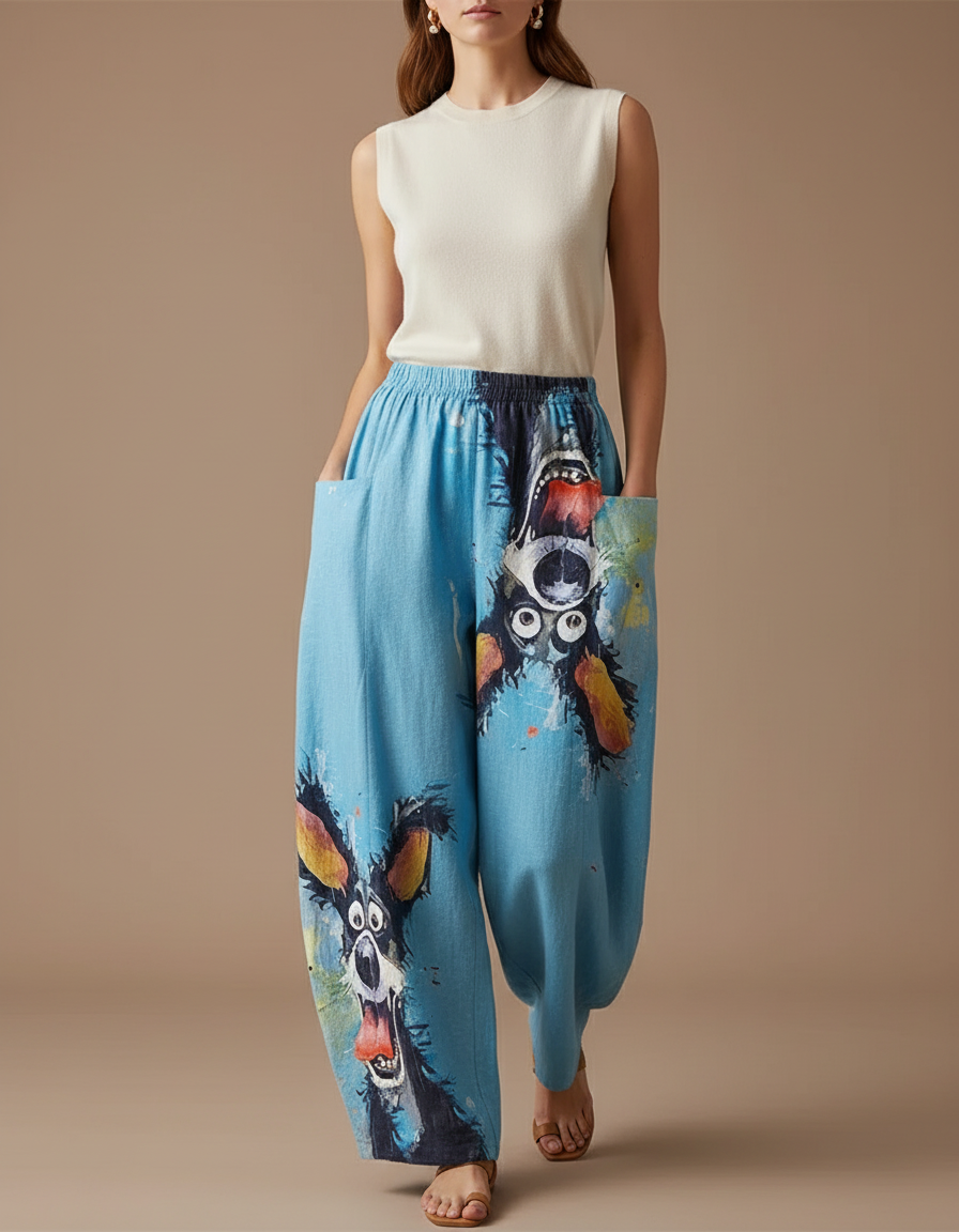 Pantalon Baggy Bleu Imprimé Chien Ample Confortable Femme - Toile