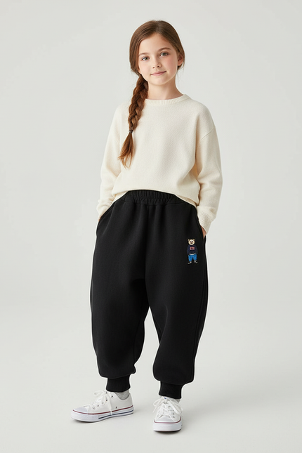 Pantalon Baggy Noir Molleton Brodée Enfant Hiver