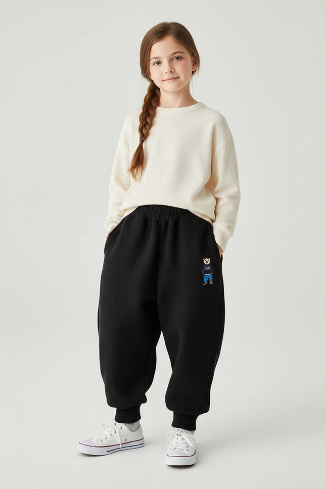 Pantalon Baggy Noir Molleton Brodée Enfant Hiver