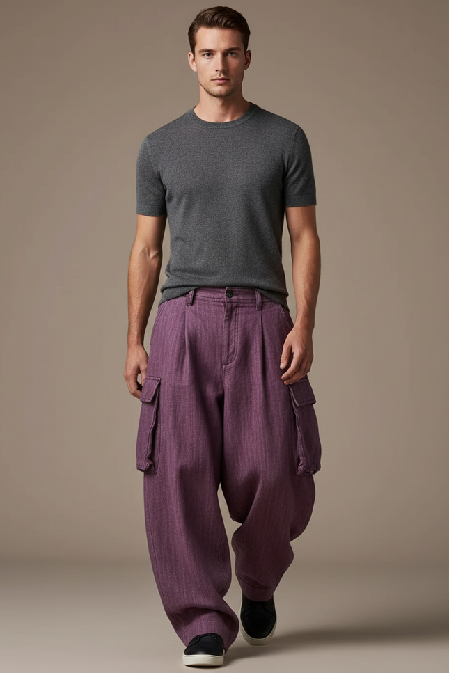 Pantalon Baggy Violet Ample Cargo Plissé Homme - Gabardine
