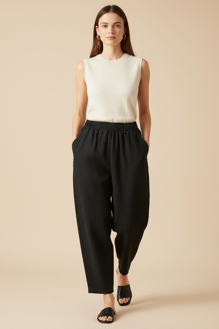 Pantalon Baggy Noir Lin Ample Taille Élastique Femme