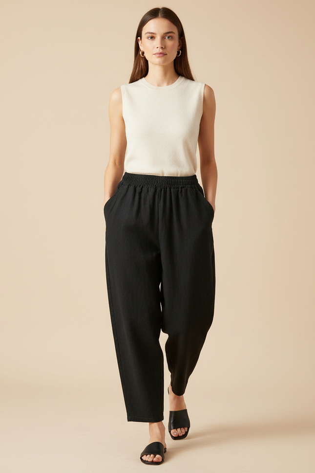 Pantalon Baggy Noir Lin Ample Taille Élastique Femme