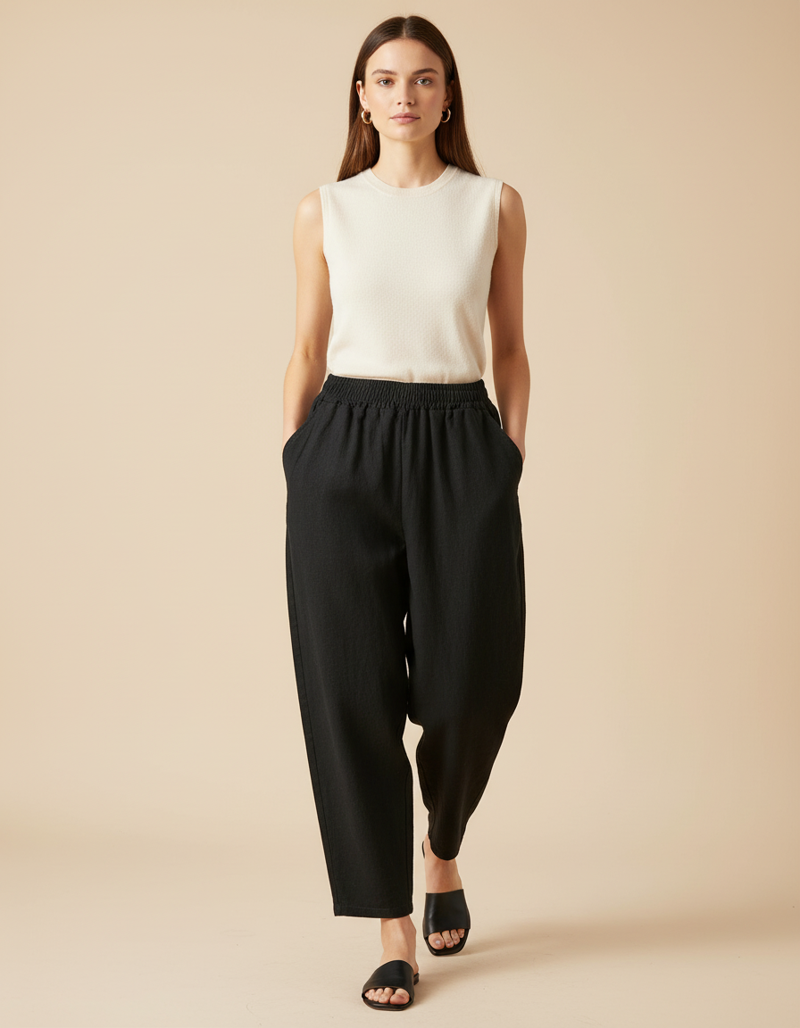 Pantalon Baggy Noir Lin Ample Taille Élastique Femme