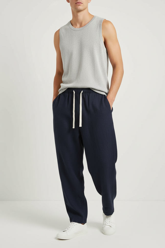 Pantalon Baggy Marine Cordon Décontracté Ample Homme - Lin