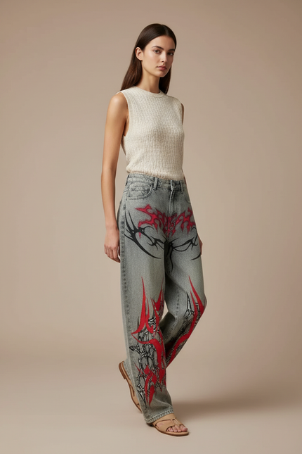 Pantalon Baggy Jean Gris Flammes Rouges Tribales Ample