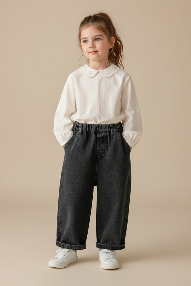 Pantalon Baggy Denim Gris Ample Taille Élastique - Jean
