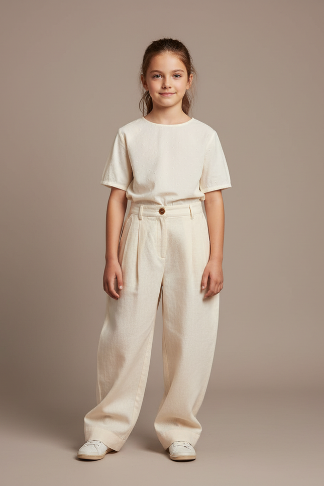 Pantalon Baggy Beige Ample Plissé Coton Fille