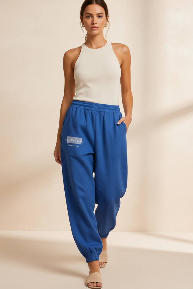 Pantalon Baggy Bleu Imprimé Los Angeles Décontracté Femme - Molleton