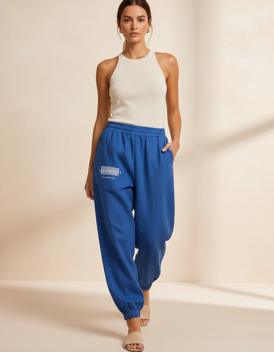 Pantalon Baggy Bleu Imprimé Los Angeles Décontracté Femme - Molleton