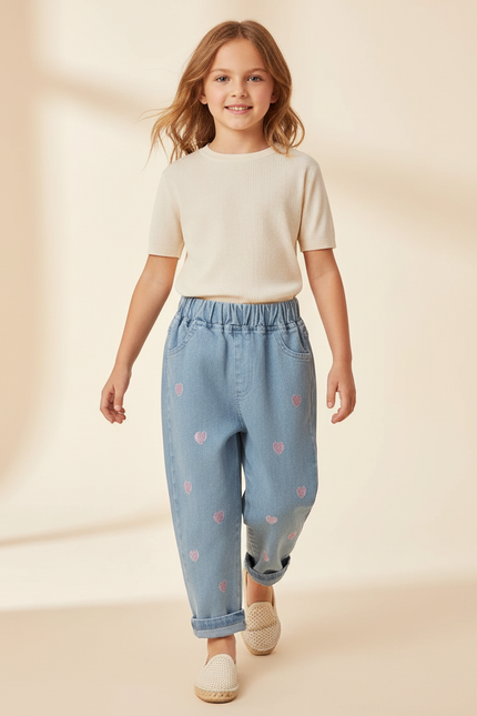 Pantalon Baggy Coeurs Brodés Bleu Clair Ample Fille - Jean