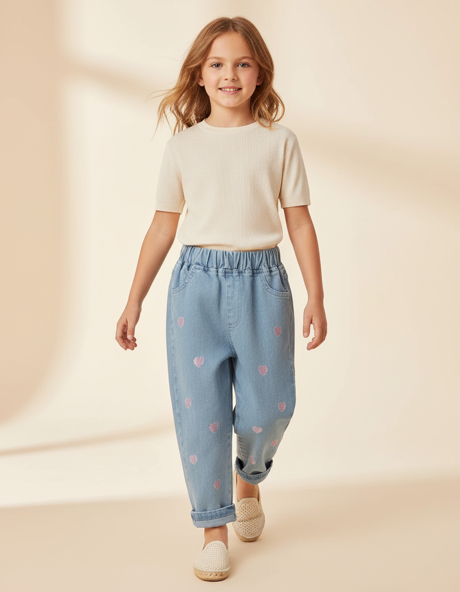 Pantalon Baggy Coeurs Brodés Bleu Clair Ample Fille - Jean