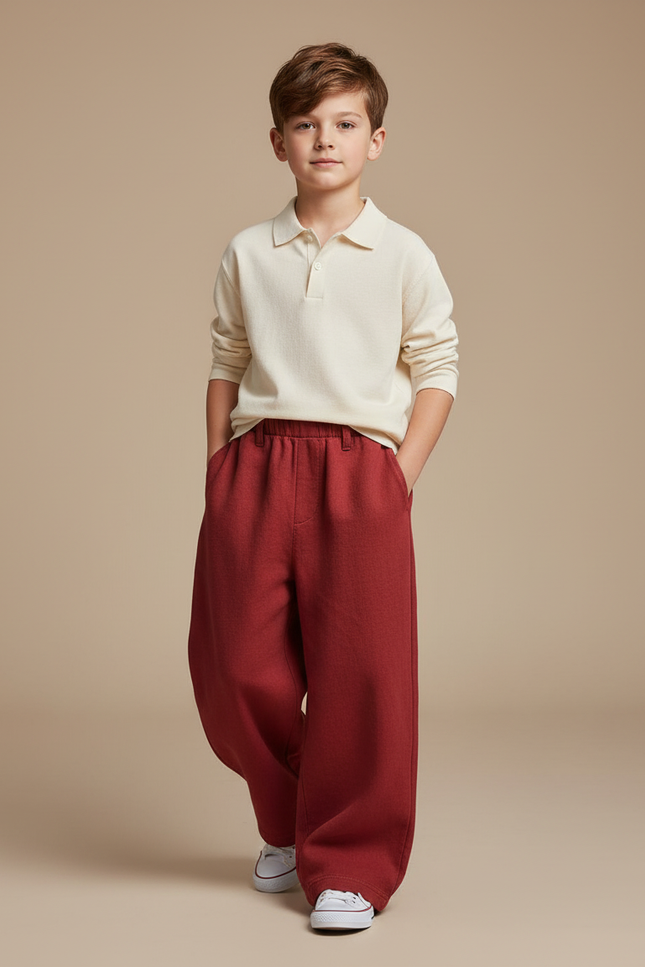Pantalon Baggy Rouge Brique Ample Molletonné Enfant - Bordeaux