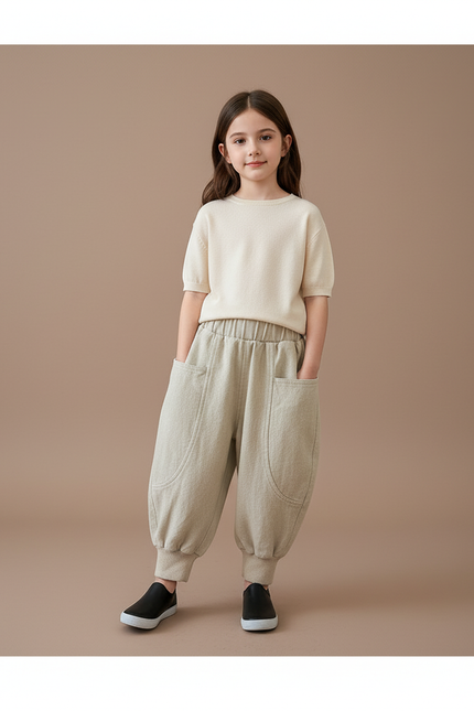 Pantalon Baggy Fille Beige Jogging - Molleton