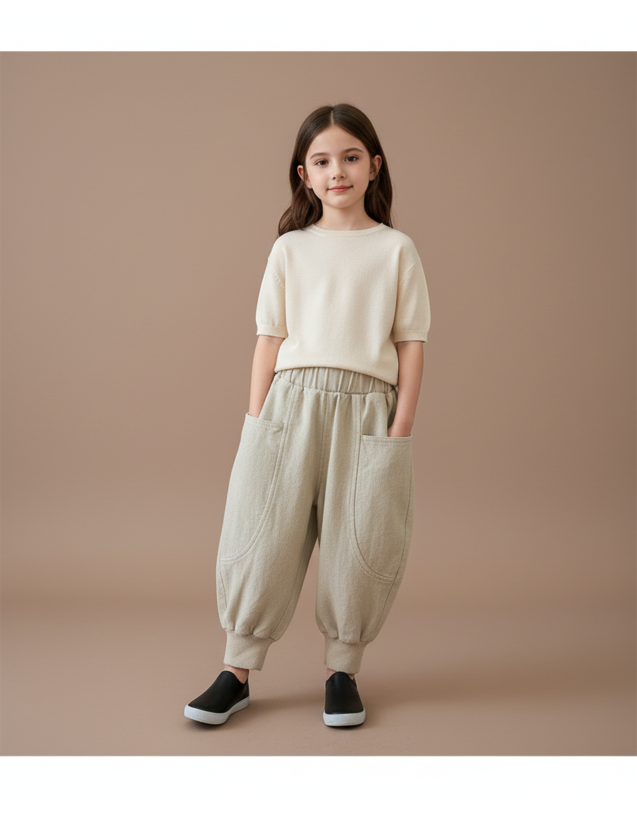 Pantalon Baggy Fille Beige Jogging - Molleton