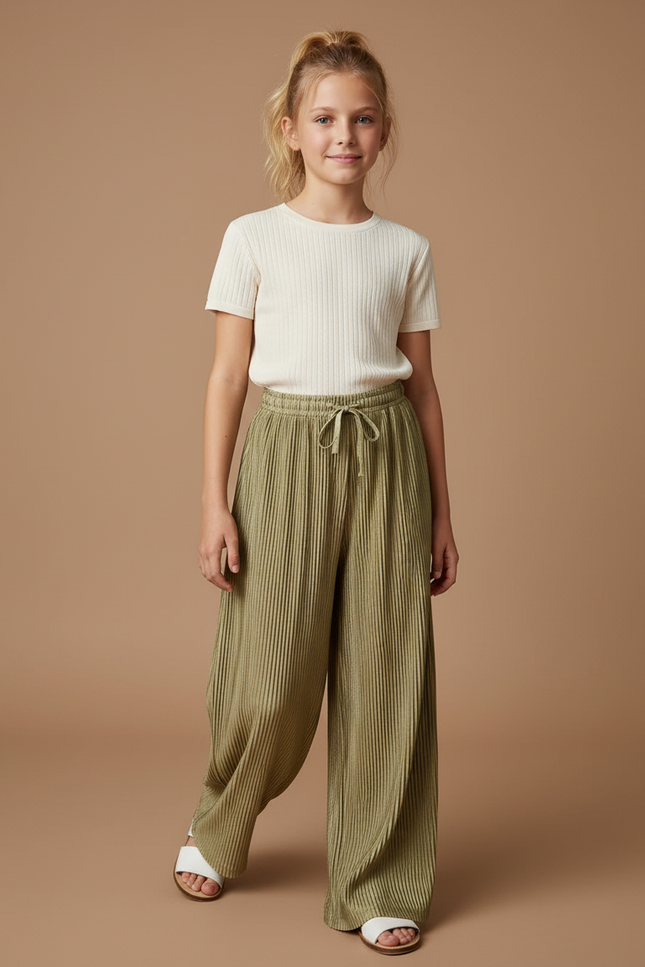Pantalon Baggy Plissé Vert Ample Fluide Fille - Kaki Polyester
