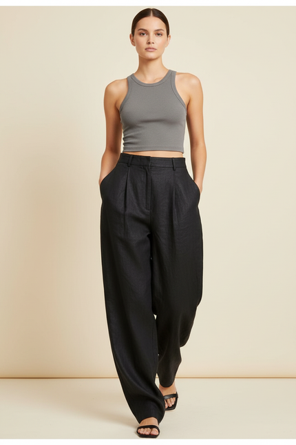 Pantalon Baggy Noir Lin Ample Fluide Élégant Femme