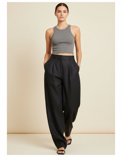 Pantalon Baggy Noir Lin Ample Fluide Élégant Femme