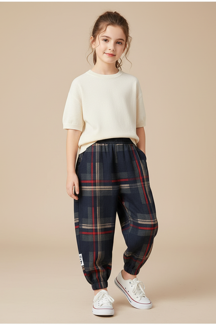 Pantalon Baggy Plaid Épais Ample Marine Rouge Enfant - Tweed