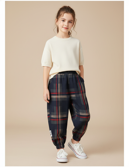 Pantalon Baggy Plaid Épais Ample Marine Rouge Enfant - Tweed