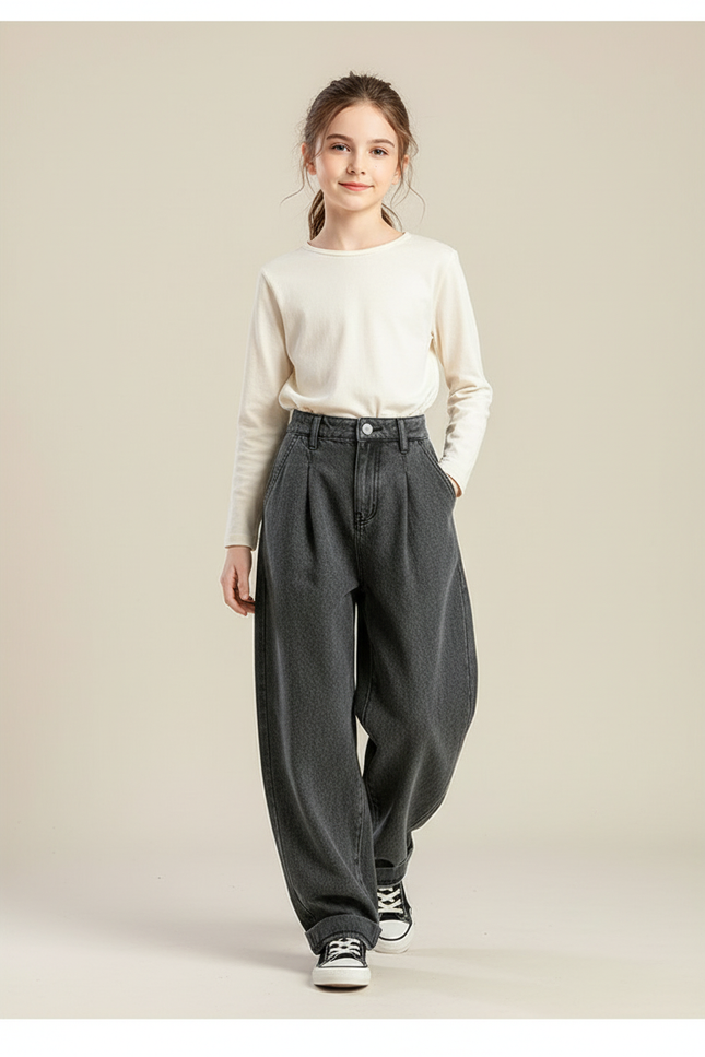 Pantalon Baggy Gris Délavé Plissé Ample Fille - Jean