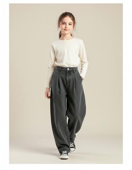Pantalon Baggy Gris Délavé Plissé Ample Fille - Jean