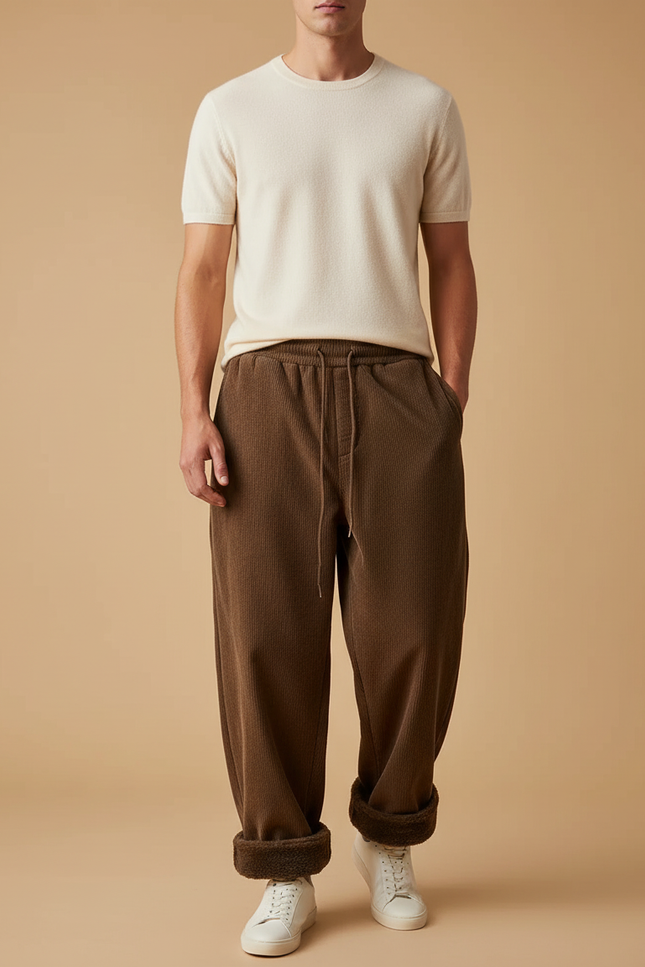 Pantalon Baggy Marron Côtelé Doublé Chaud Ample - Cordé