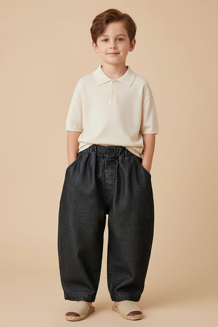 Pantalon Baggy Denim Côtelé Noir Ample Rétro Enfant - Cordé