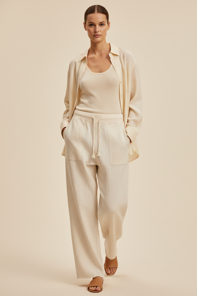 Pantalon Baggy Crème Coton Ample Décontracté Cordon - Beige Molleton