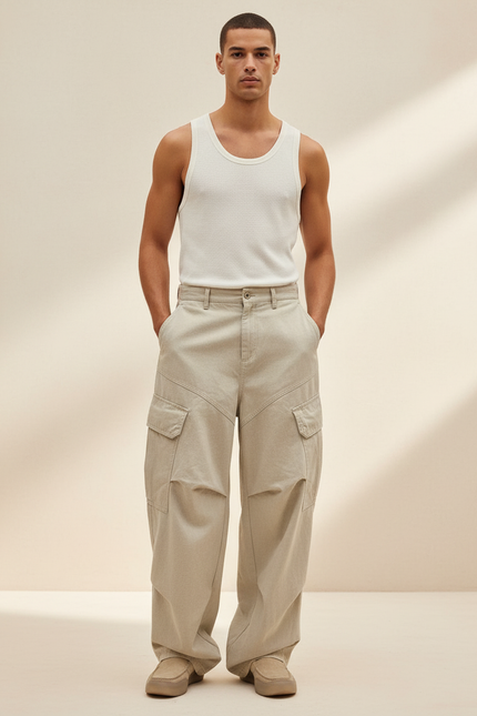 Pantalon Baggy Beige Cargo Ample Coton Homme - Toile