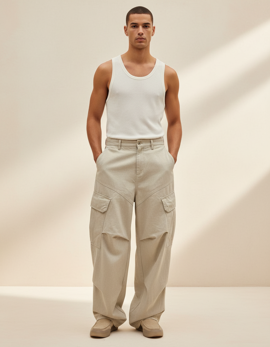 Pantalon Baggy Beige Cargo Ample Coton Homme - Toile