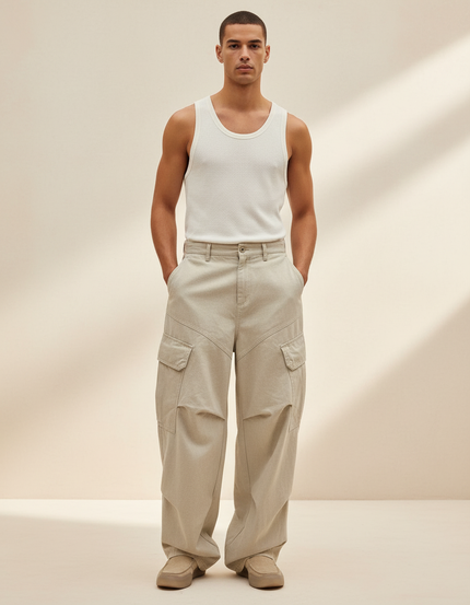 Pantalon Baggy Beige Cargo Ample Coton Homme - Toile