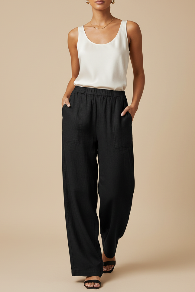 Pantalon Baggy Noir Lin Ample Droit Décontracté
