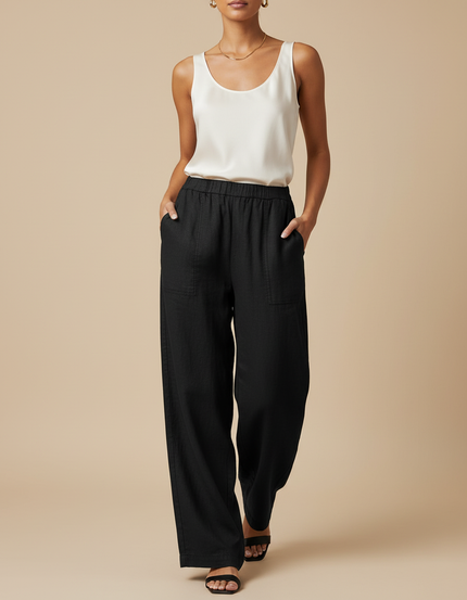 Pantalon Baggy Noir Lin Ample Droit Décontracté